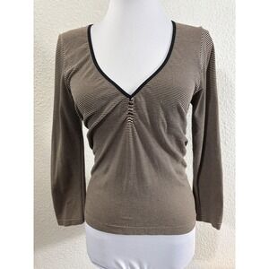 Bebe Striped Top Size S Beige Black Vintage Y2K USA Ruched V-Neck 3/4 Sleeve